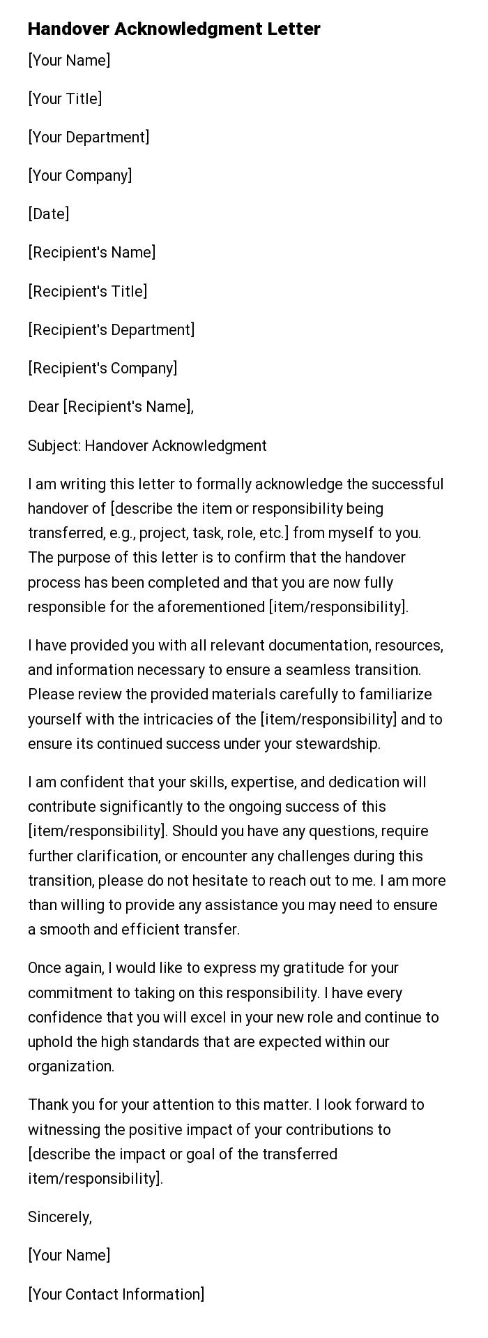 Handover Acknowledgment Letter