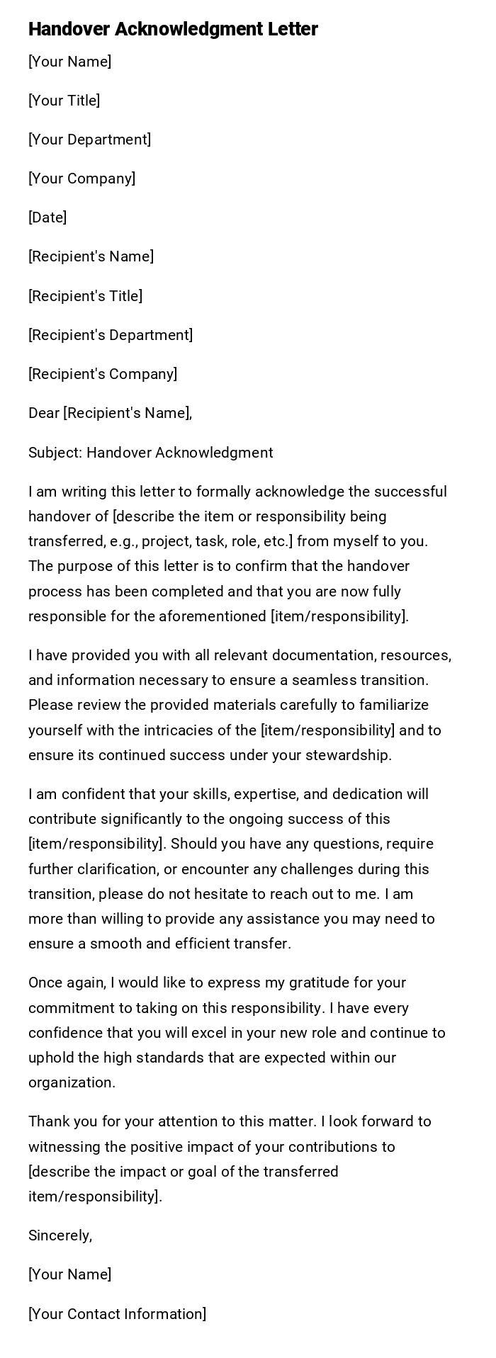 Handover Acknowledgment Letter