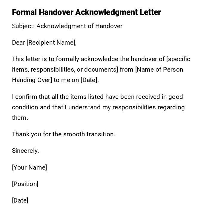 Formal Handover Acknowledgment Letter Formal Handover Acknowledgment Letter