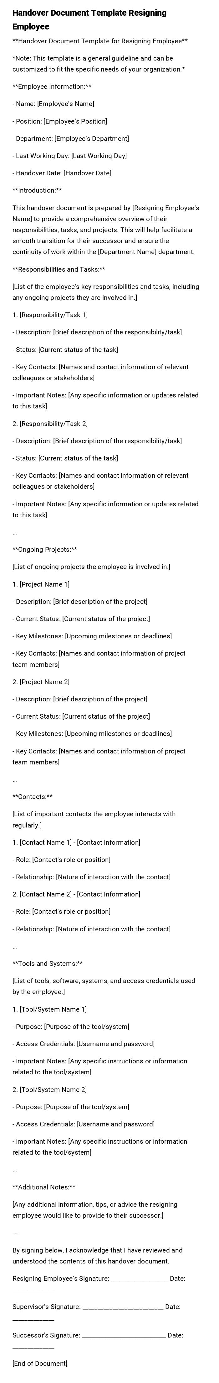 Handover Document Template Resigning Employee