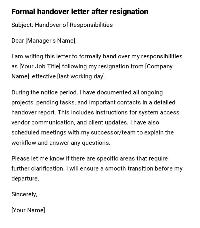 Formal handover letter after resignation Formal handover letter after resignation