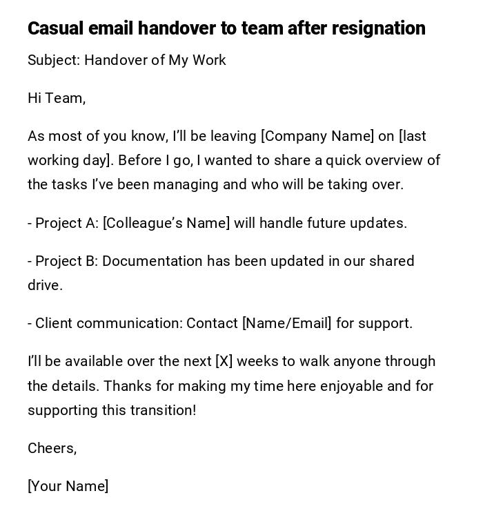Casual email handover to team after resignation Casual email handover to team after resignation