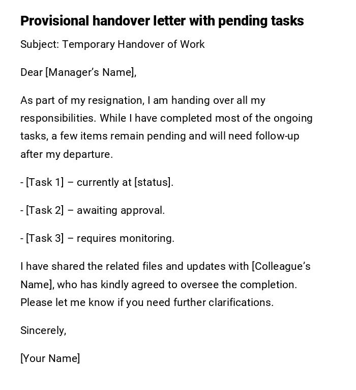 Provisional handover letter with pending tasks Provisional handover letter with pending tasks