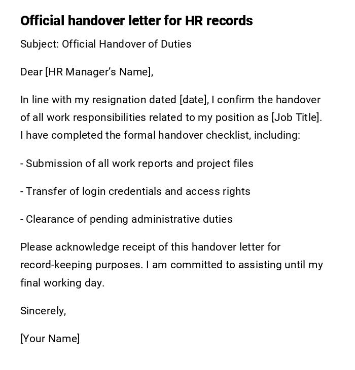 Official handover letter for HR records Official handover letter for HR records