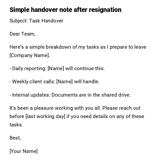 Simple handover note after resignation Simple handover note after resignation