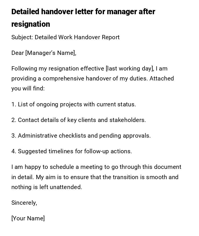 Detailed handover letter for manager after resignation Detailed handover letter for manager after resignation