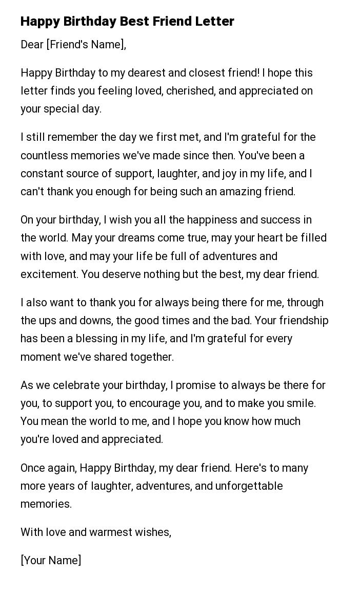 Happy Birthday Best Friend Letter
