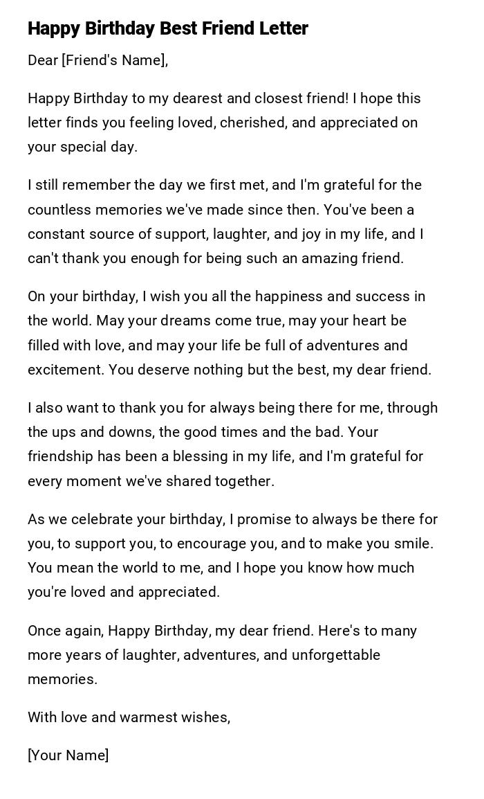 Happy Birthday Best Friend Letter