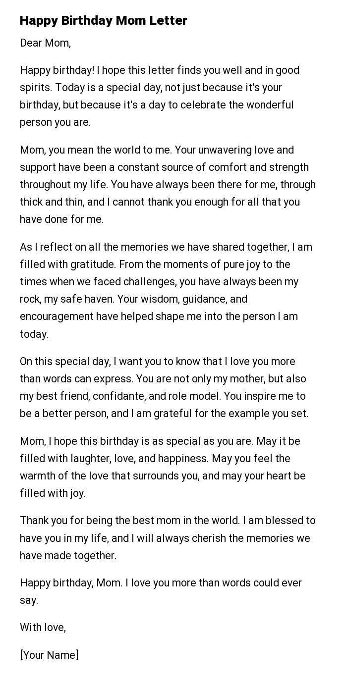Happy Birthday Mom Letter