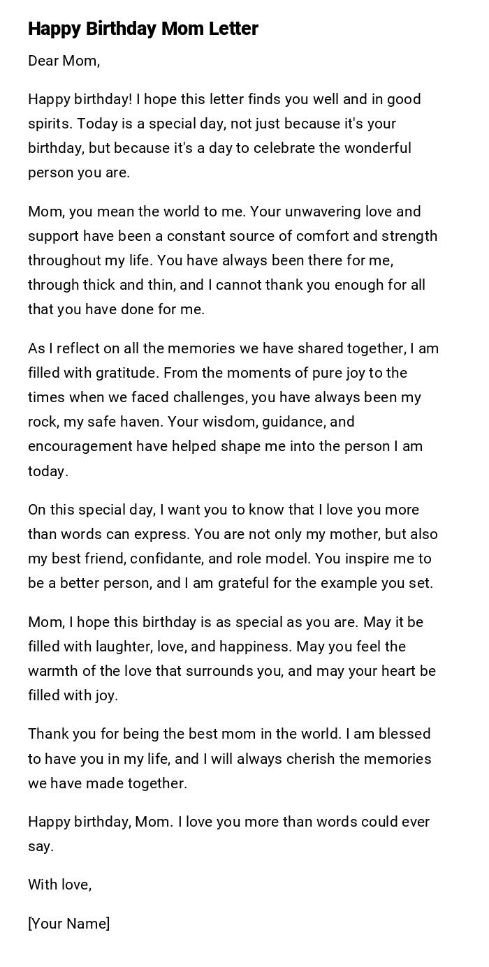 Happy Birthday Mom Letter