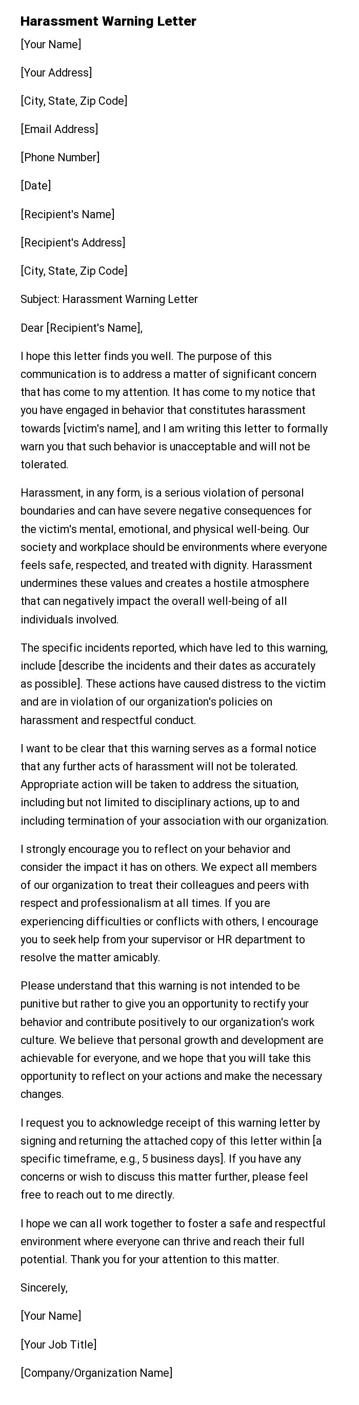 Harassment Warning Letter