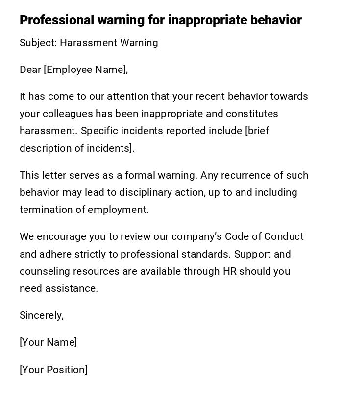 Professional warning for inappropriate behavior Professional warning for inappropriate behavior