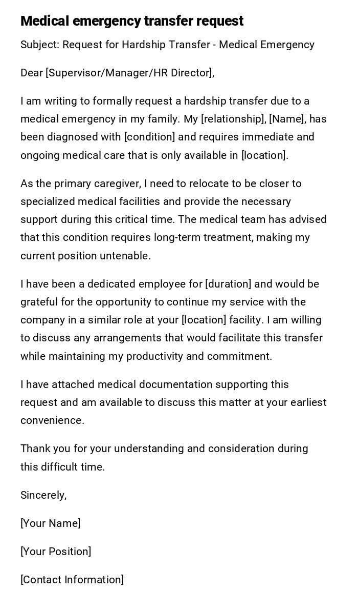 Medical emergency transfer request Medical emergency transfer request