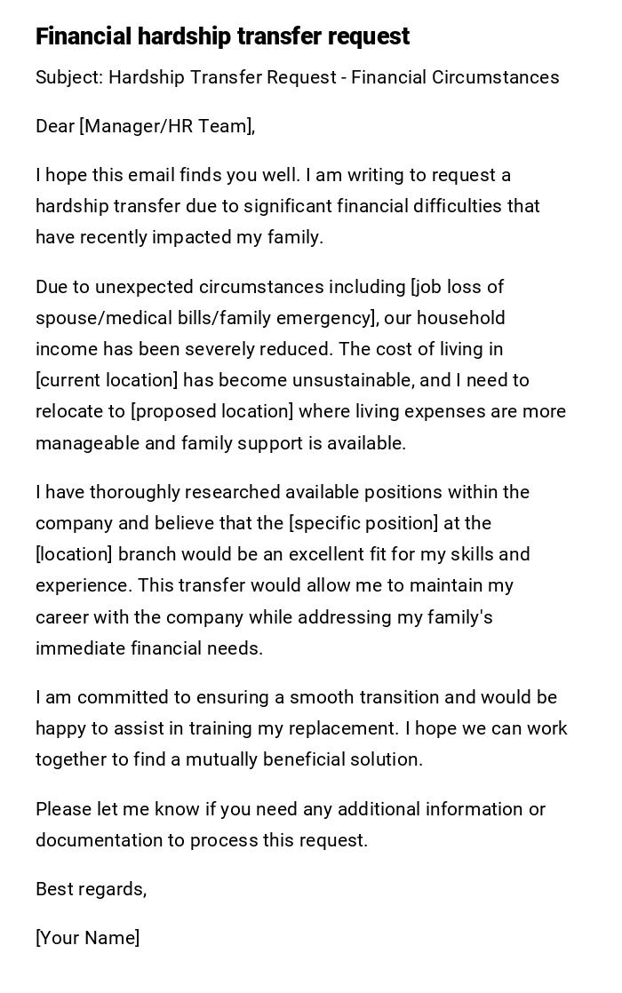Financial hardship transfer request Financial hardship transfer request
