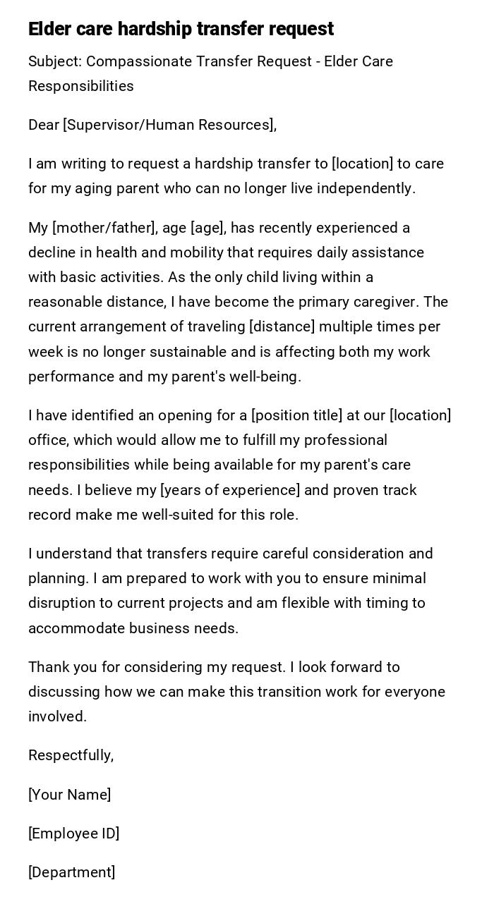 Elder care hardship transfer request Elder care hardship transfer request