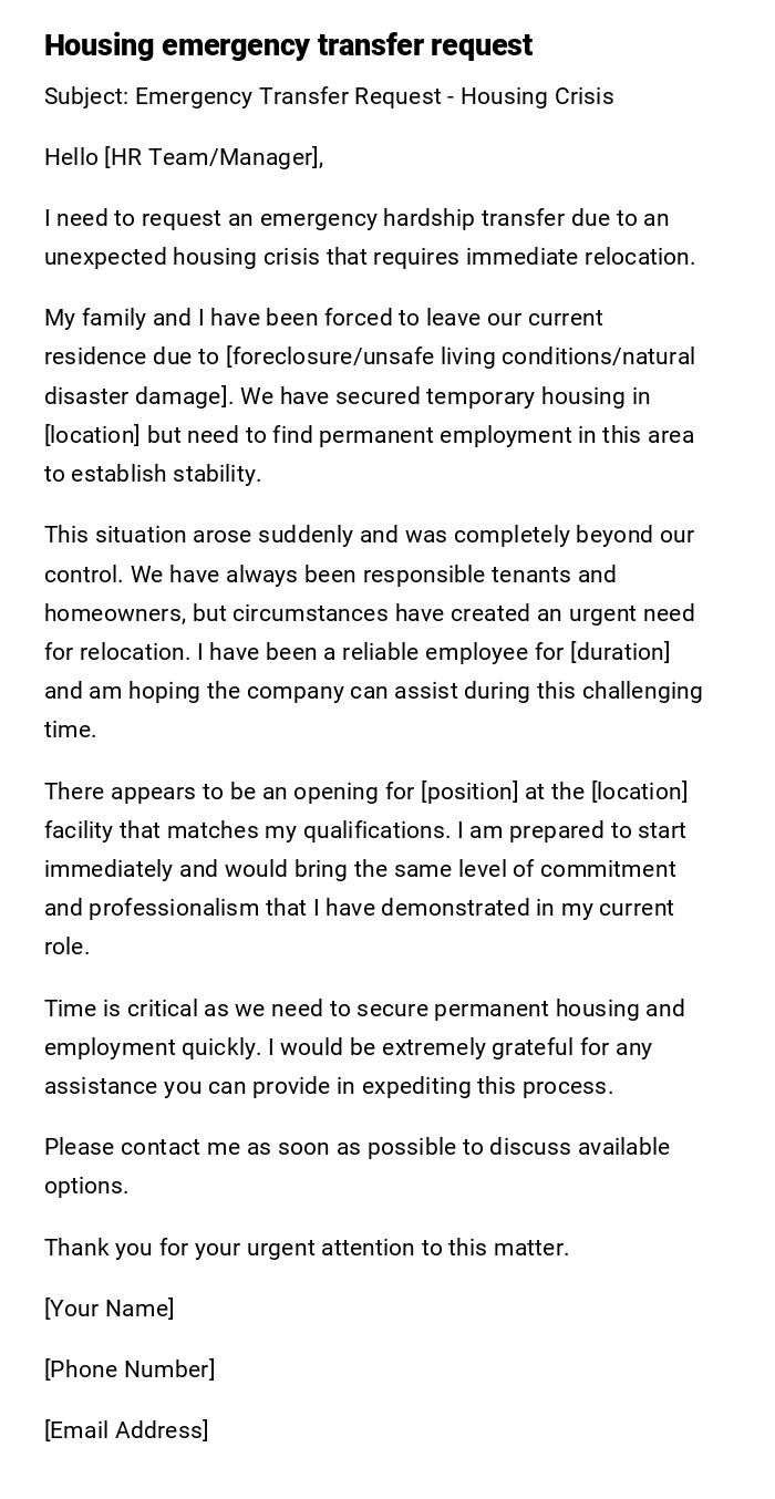 Housing emergency transfer request Housing emergency transfer request