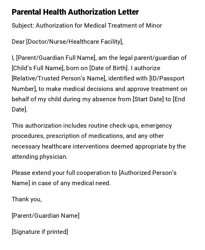 Parental Health Authorization Letter Parental Health Authorization Letter