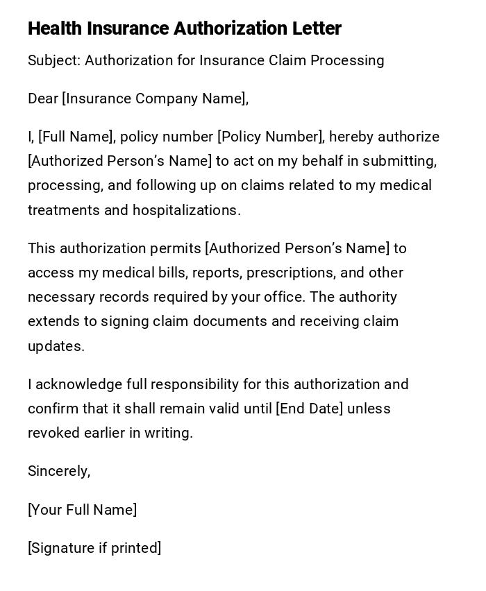Health Insurance Authorization Letter Health Insurance Authorization Letter