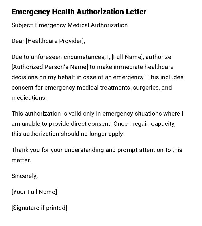 Emergency Health Authorization Letter Emergency Health Authorization Letter