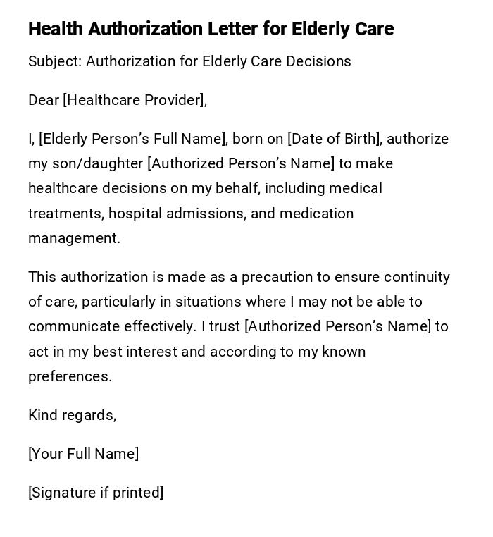 Health Authorization Letter for Elderly Care Health Authorization Letter for Elderly Care
