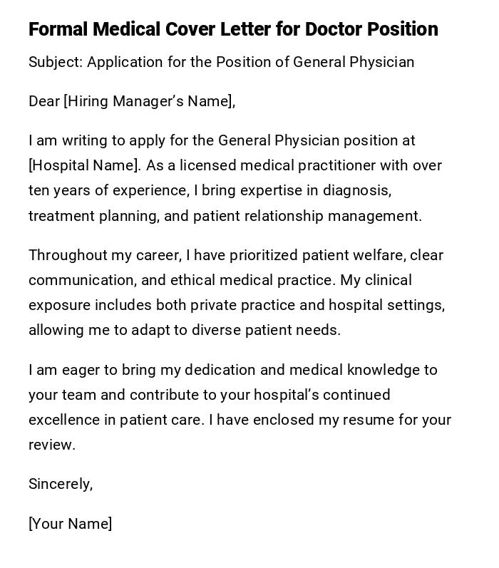 Formal Medical Cover Letter for Doctor Position Formal Medical Cover Letter for Doctor Position