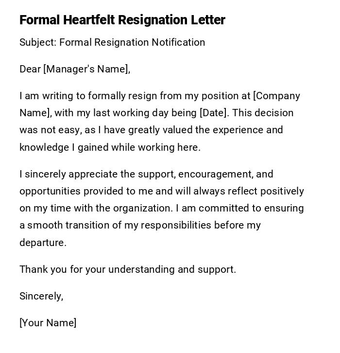 Formal Heartfelt Resignation Letter