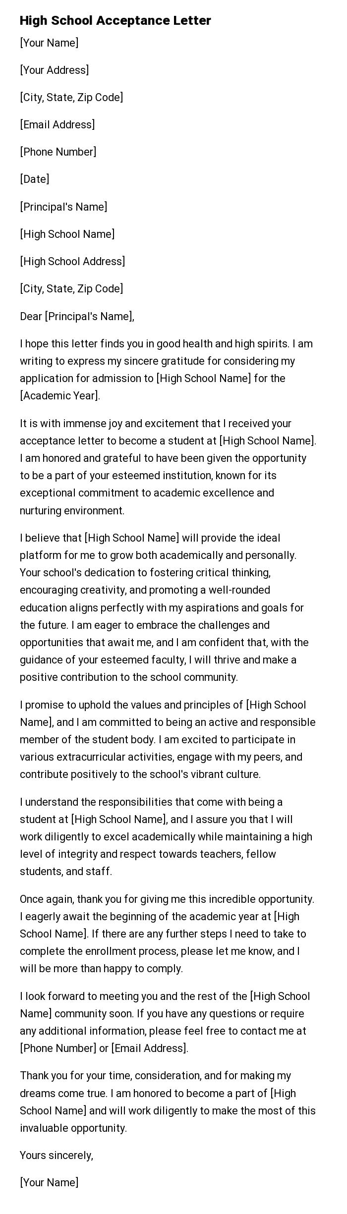 High School Acceptance Letter