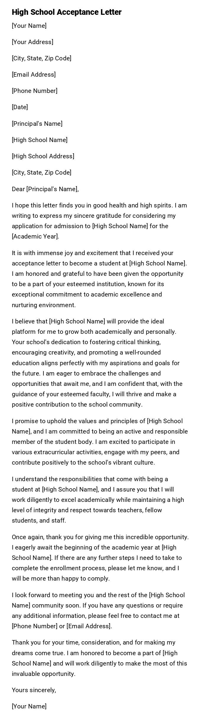 High School Acceptance Letter