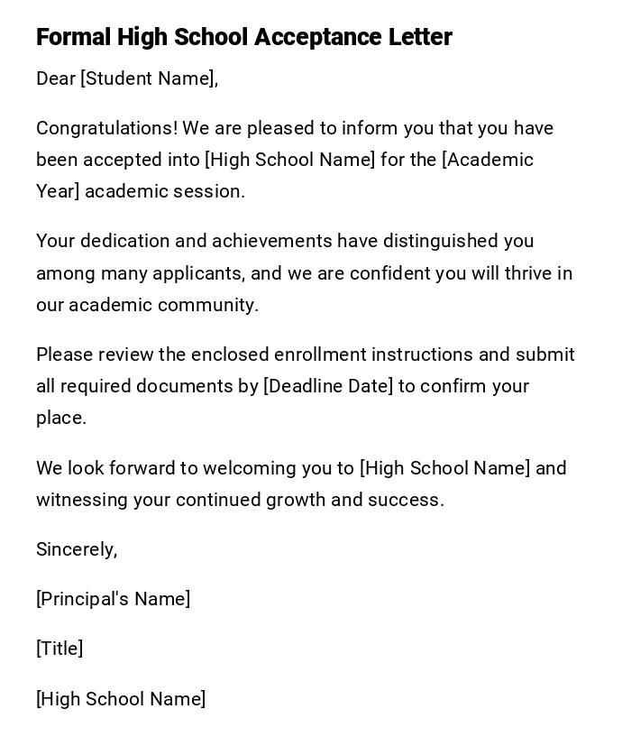Formal High School Acceptance Letter Formal High School Acceptance Letter