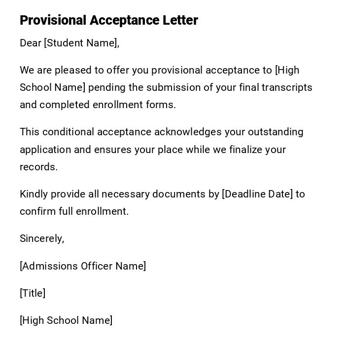 Provisional Acceptance Letter Provisional Acceptance Letter