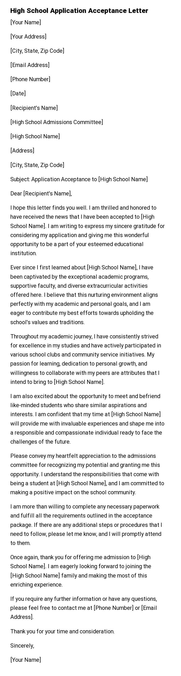 High School Application Acceptance Letter