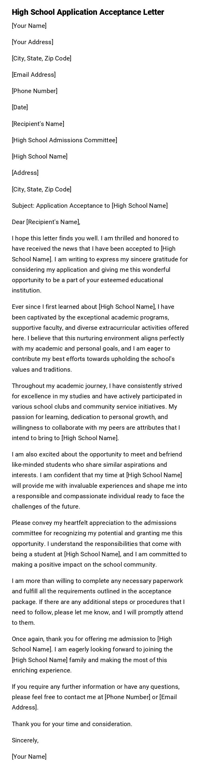 High School Application Acceptance Letter