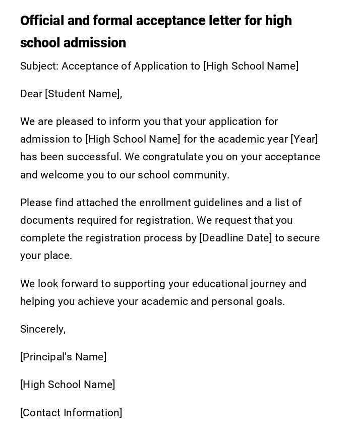 Official and formal acceptance letter for high school admission