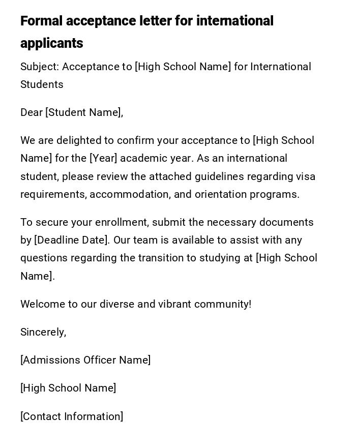 Formal acceptance letter for international applicants
