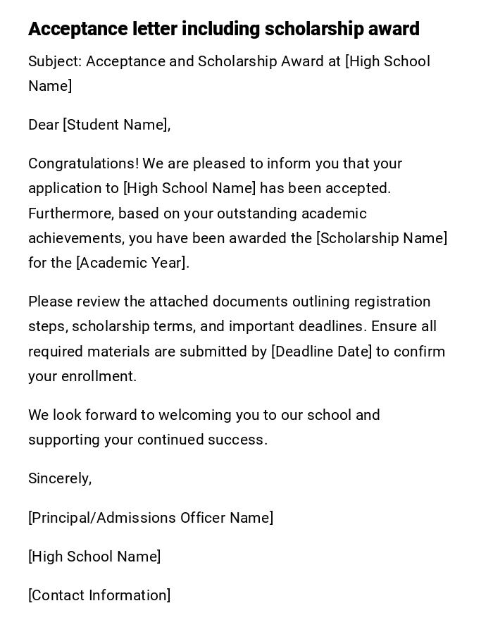 Acceptance letter including scholarship award
