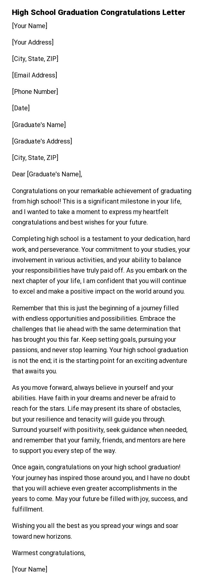 High School Graduation Congratulations Letter