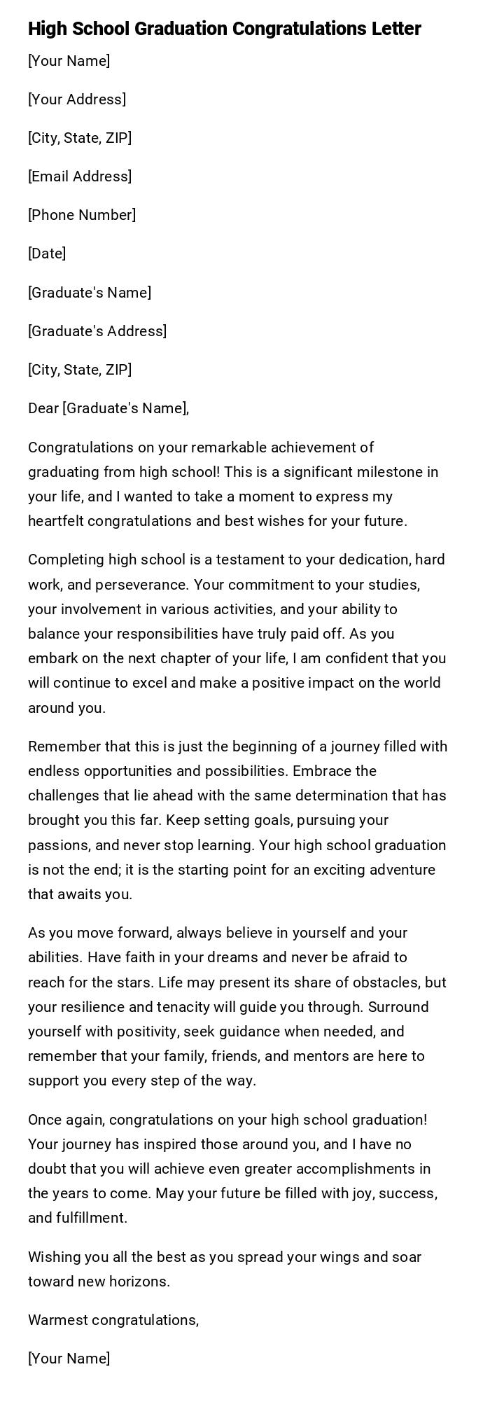 High School Graduation Congratulations Letter