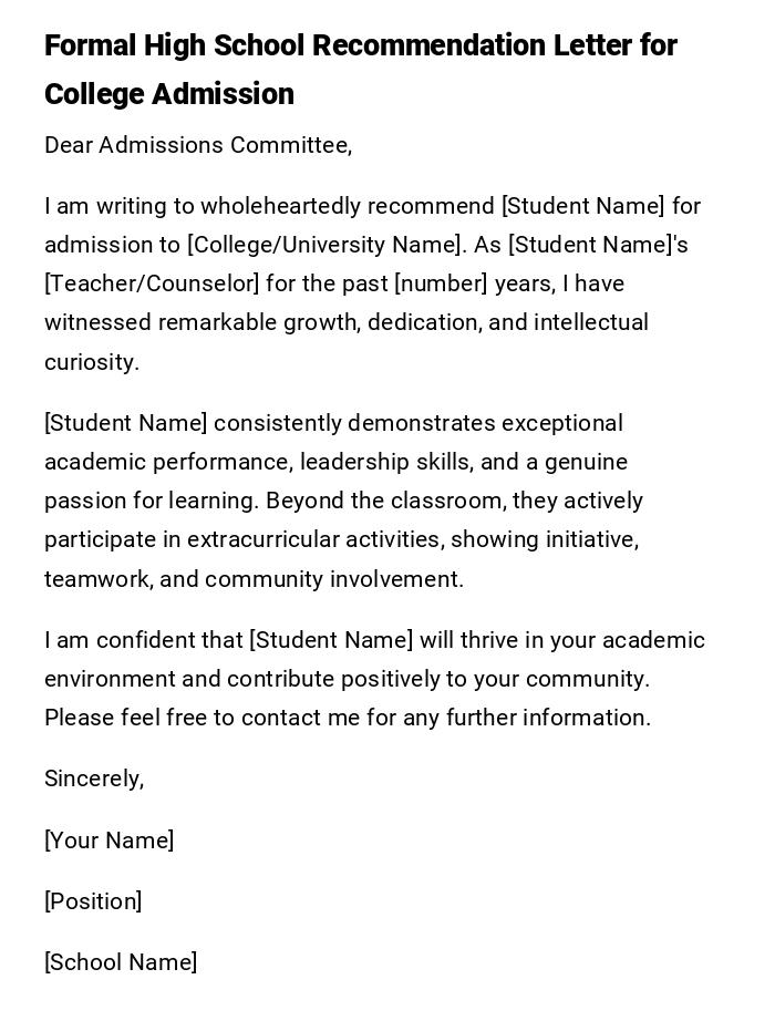 Formal High School Recommendation Letter for College Admission Formal High School Recommendation Letter for College Admission