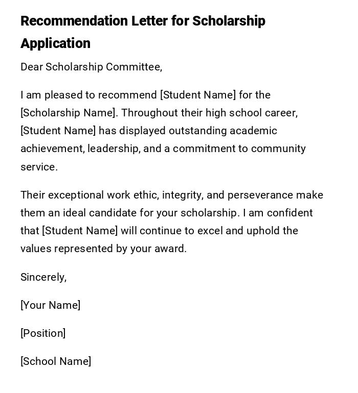 Recommendation Letter for Scholarship Application Recommendation Letter for Scholarship Application