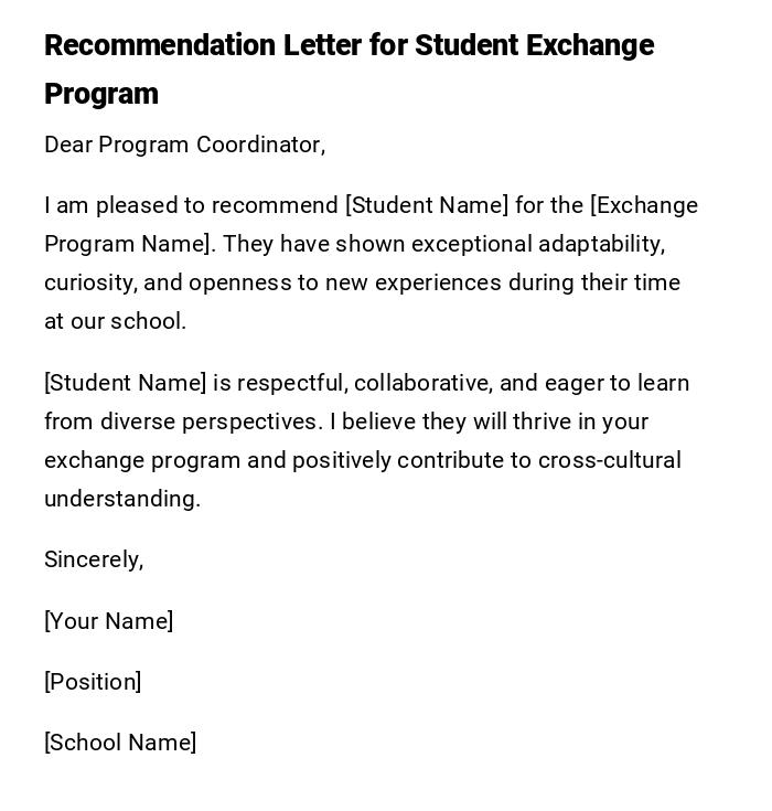 Recommendation Letter for Student Exchange Program Recommendation Letter for Student Exchange Program
