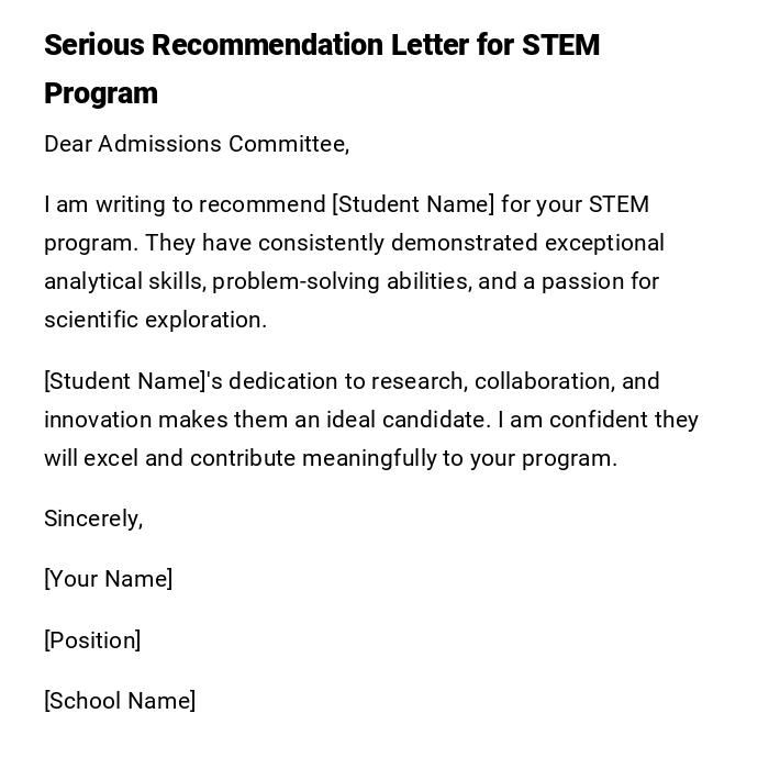 Serious Recommendation Letter for STEM Program Serious Recommendation Letter for STEM Program