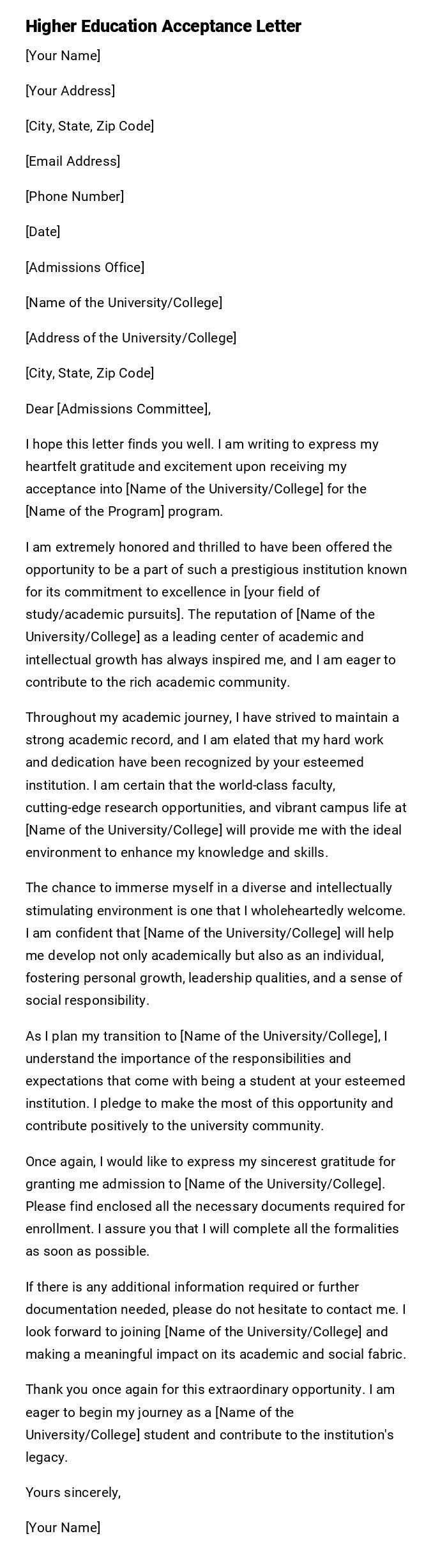 Higher Education Acceptance Letter