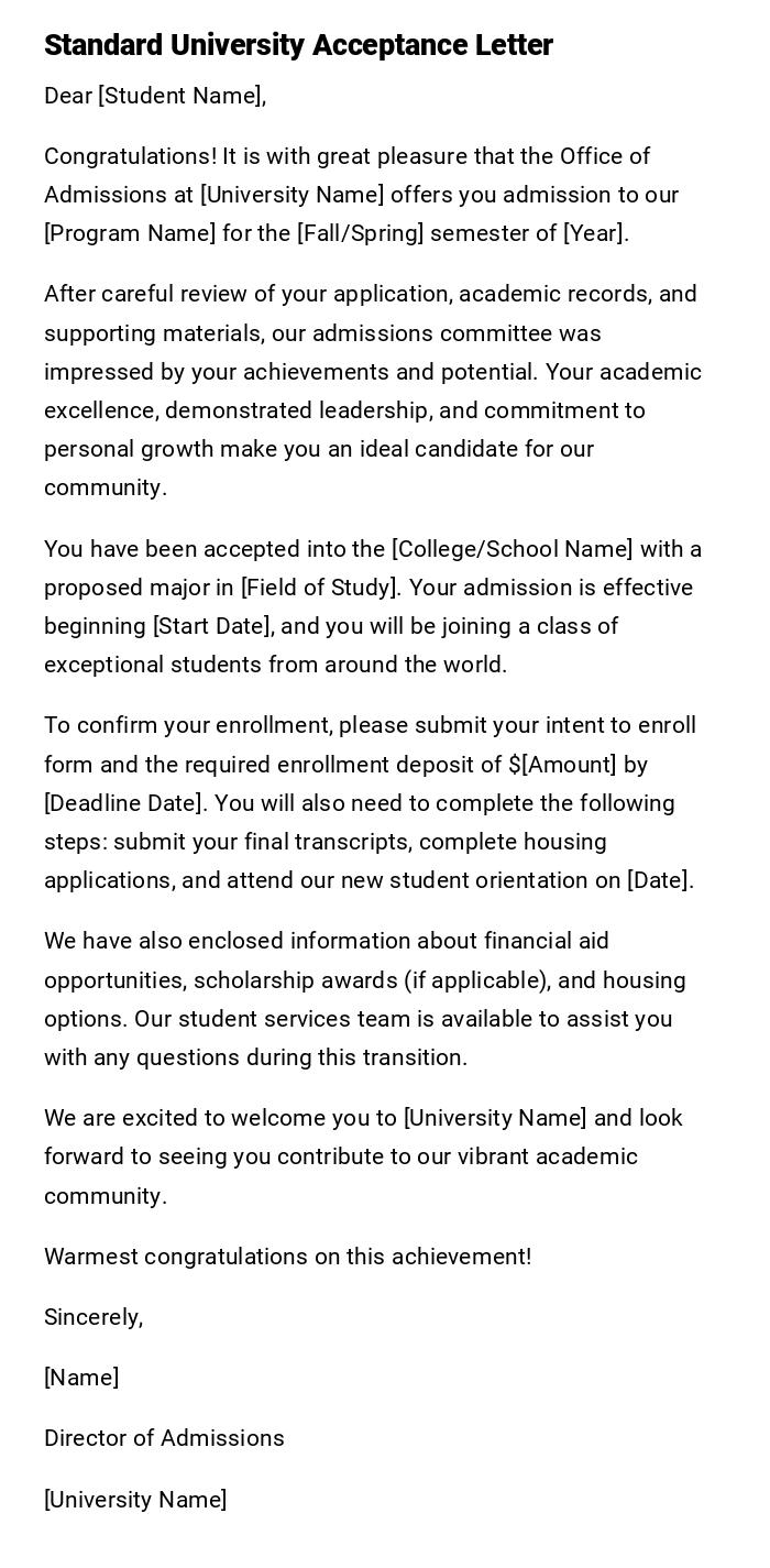 Standard University Acceptance Letter Standard University Acceptance Letter