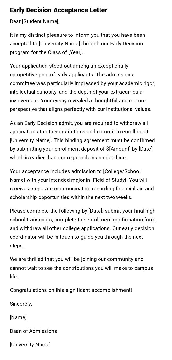 Early Decision Acceptance Letter Early Decision Acceptance Letter