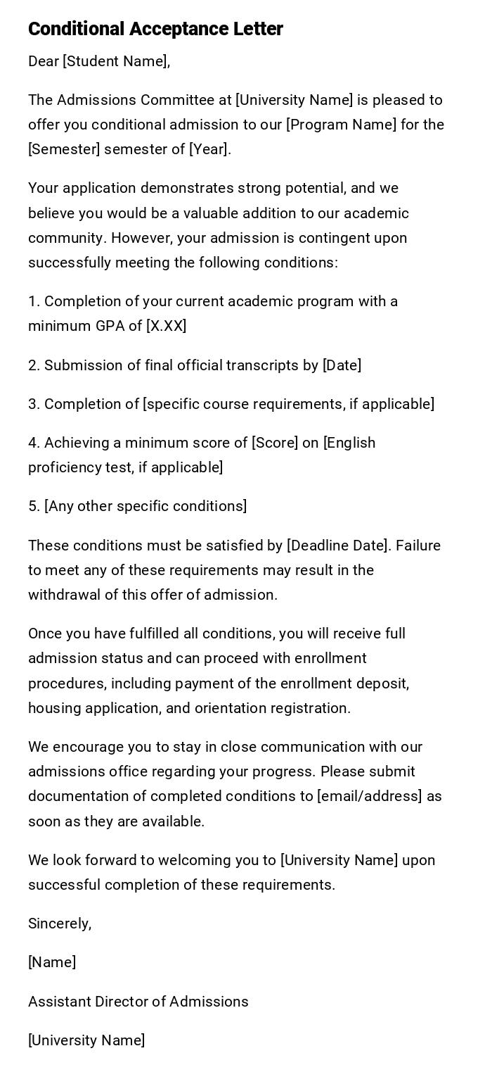Conditional Acceptance Letter Conditional Acceptance Letter