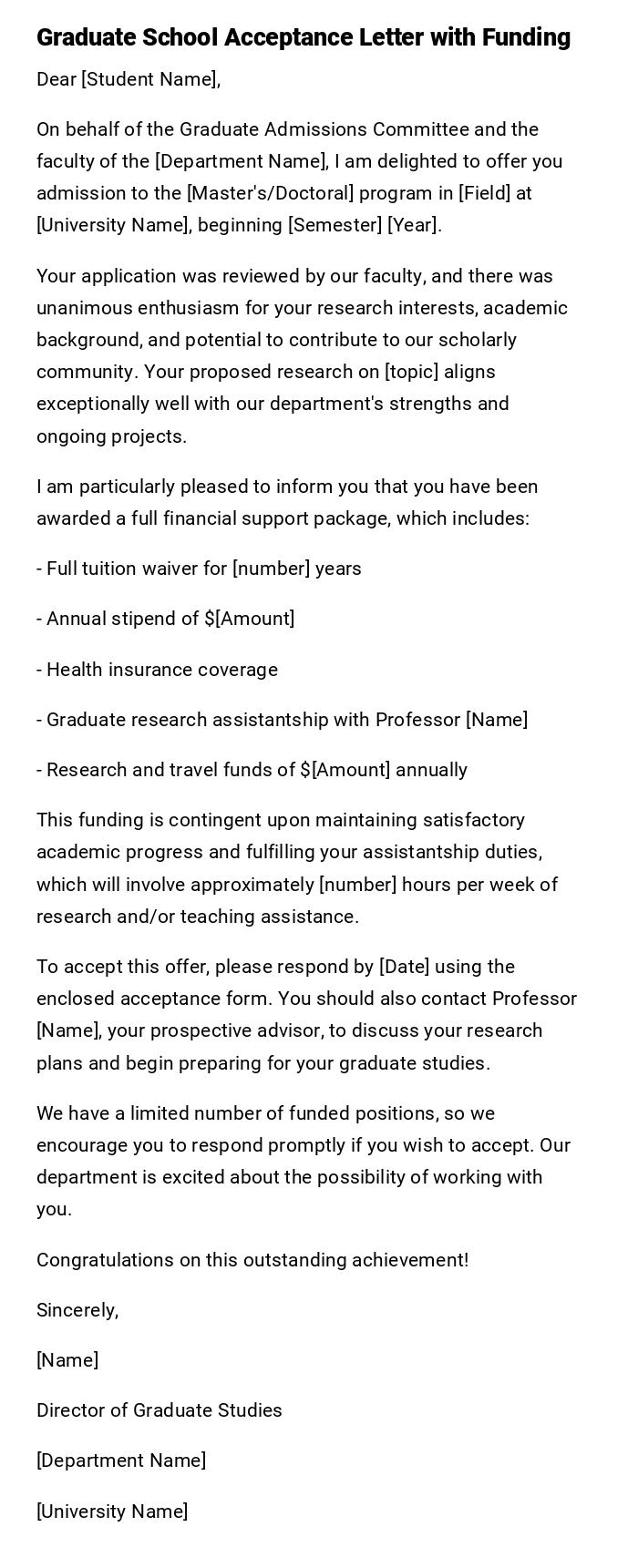 Graduate School Acceptance Letter with Funding Graduate School Acceptance Letter with Funding