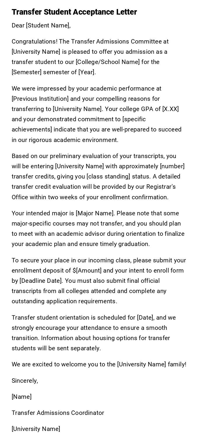 Transfer Student Acceptance Letter Transfer Student Acceptance Letter