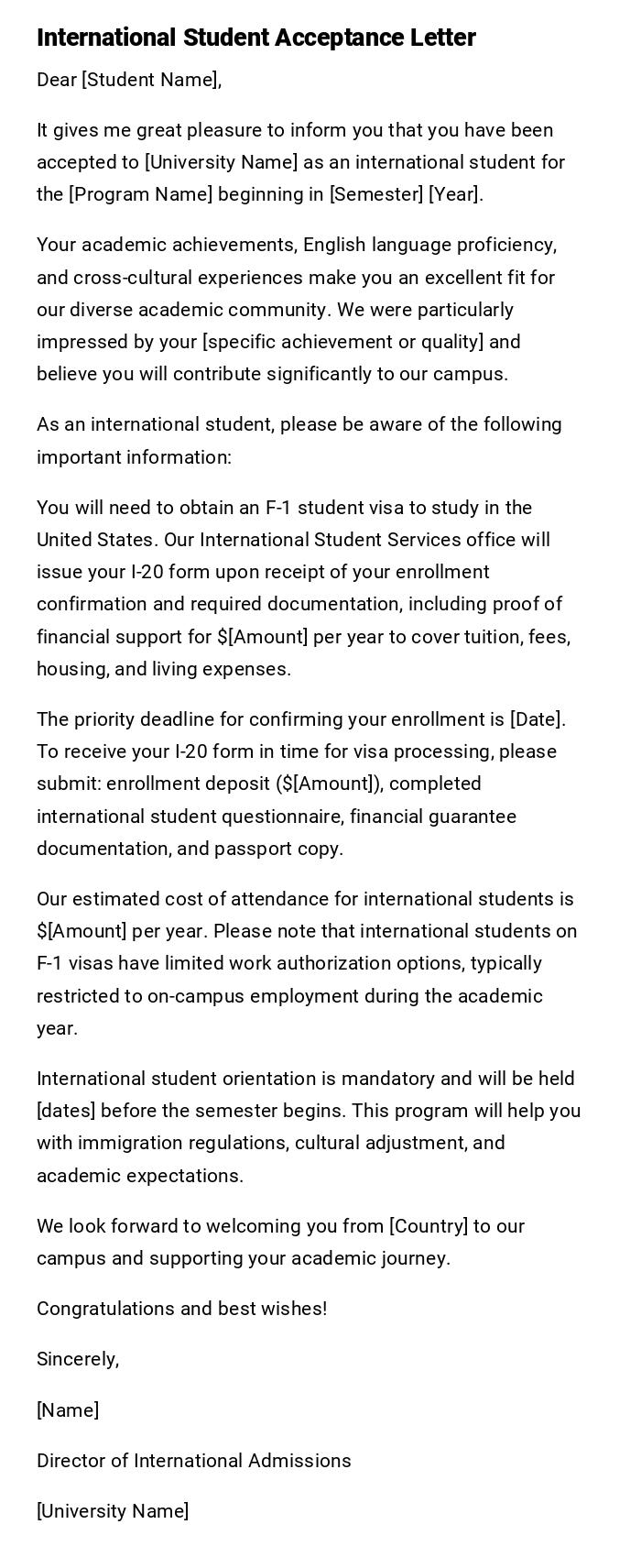 International Student Acceptance Letter International Student Acceptance Letter