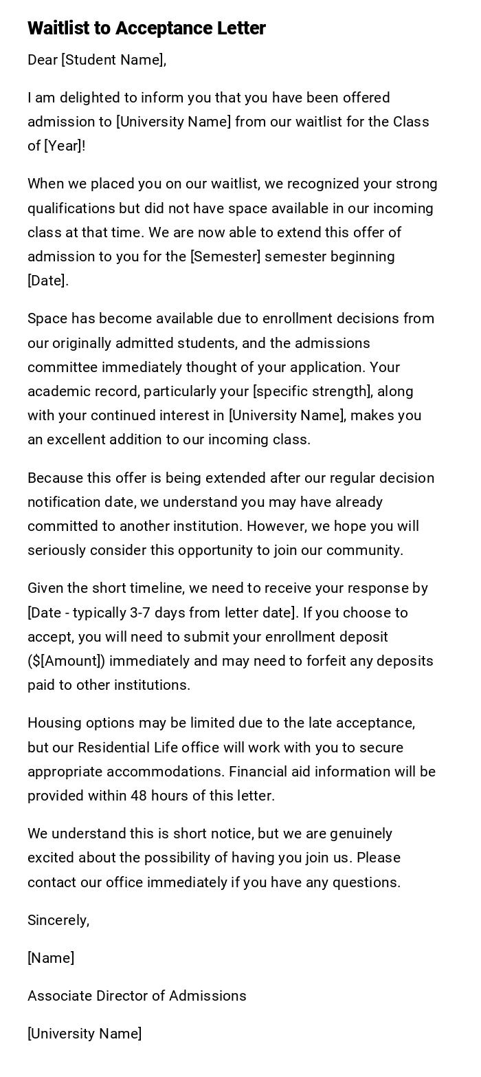 Waitlist to Acceptance Letter Waitlist to Acceptance Letter
