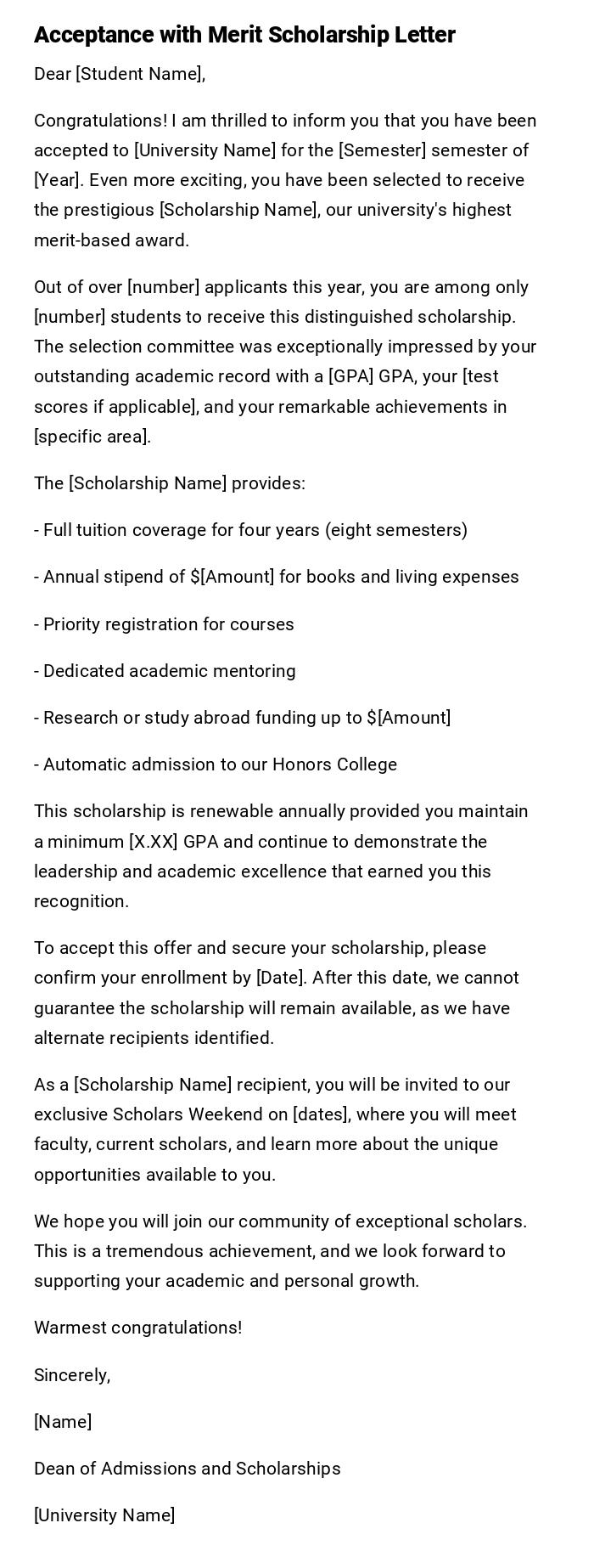 Acceptance with Merit Scholarship Letter Acceptance with Merit Scholarship Letter